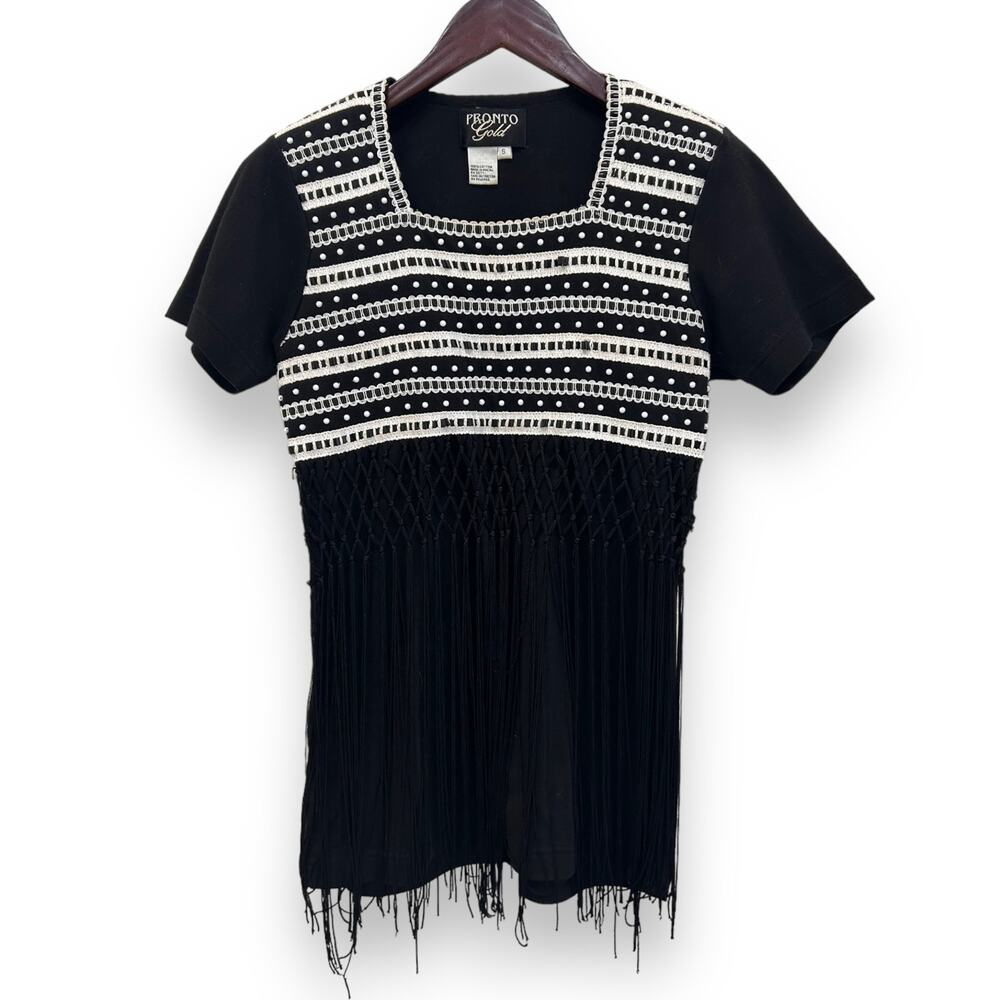 Vintage Fringe Front T-shirt Pronto Gold Small 90s